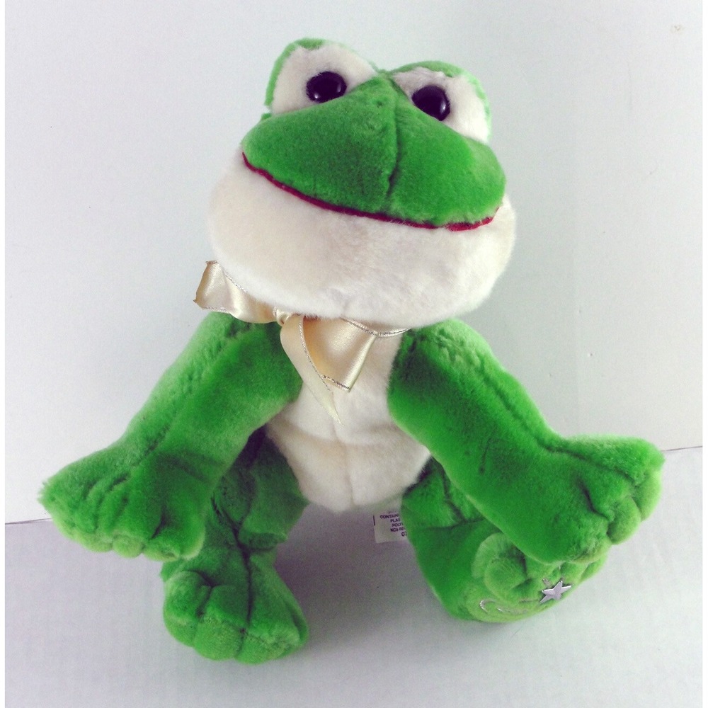Russ Shining Stars Green FROG Soft Plush Stuffed Animal Gold Bow Excellent